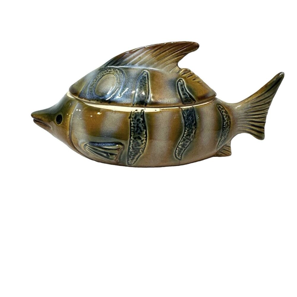 Art Glazed Pottery Fish Trinket Box Bowl With Lid Handmade Unmarked 7"